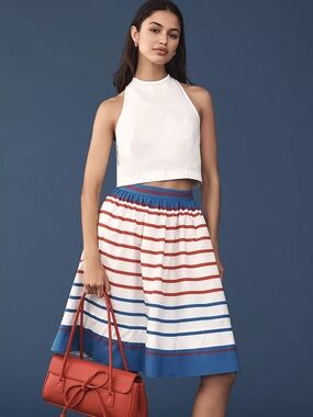 ANTHROPOLOGIE NWT L MAEVE The Jacie Poplin Skirt • Nautical Beach Stripe Print